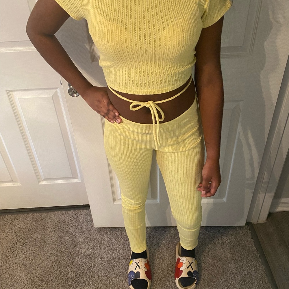 Yellow 2 piece pants set.